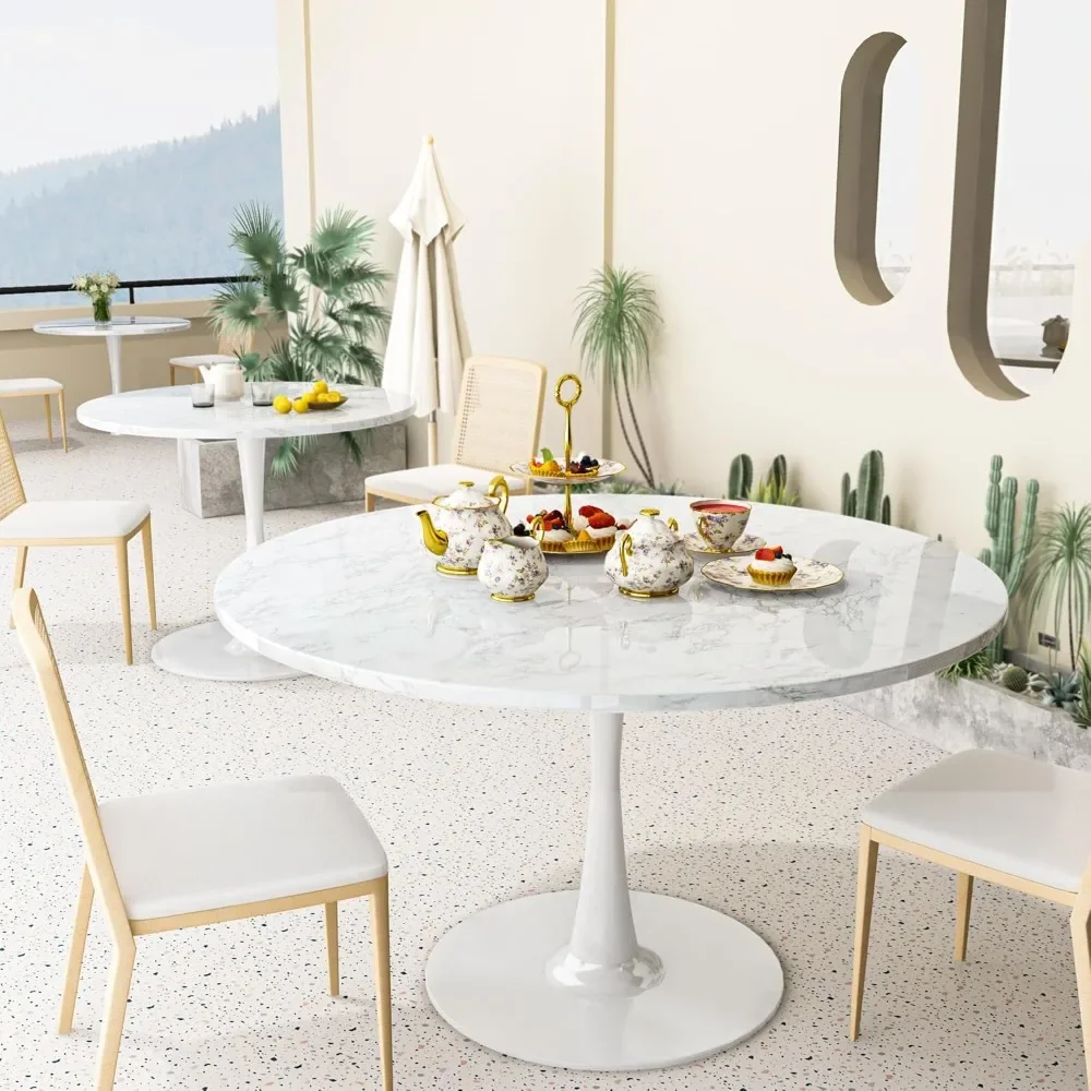 Marble Round Dining Table, Tulip Table Kitchen Dining 4-6 People with MDF Top & Pedestal Base, Mid-Century End