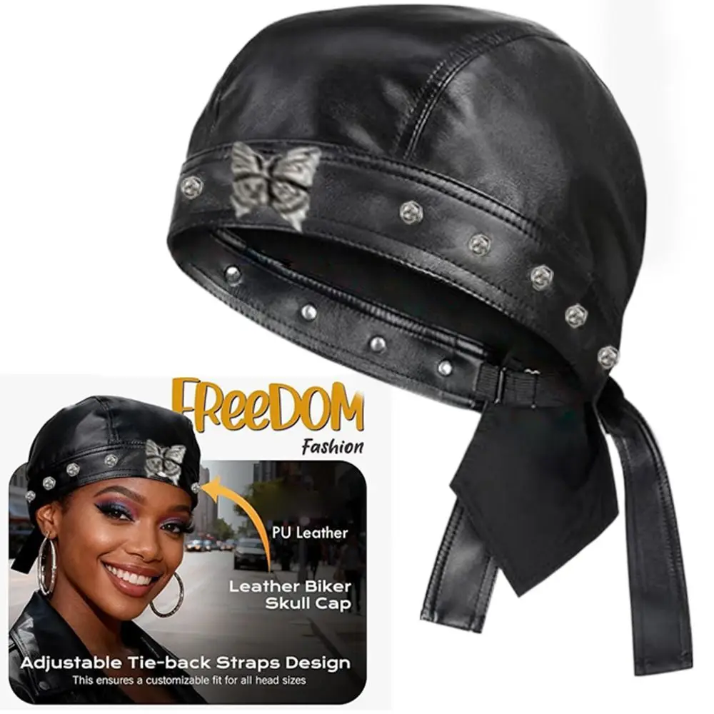 

PU Leather Black Biker Cap Doo Rag Bandana Waterproof Butterfly Cap Cool Adjustable Motorcycle Leather Hat for Women and Men