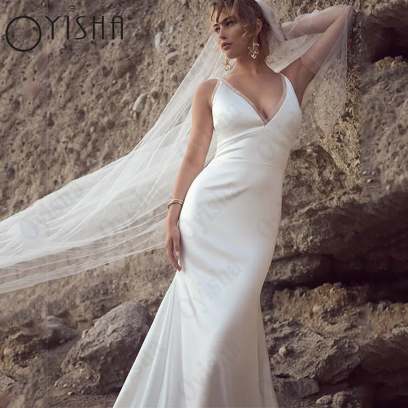 Oyisha-Vestido De Novia sencillo sin mangas, traje De sirena con Espalda descubierta, botones, cuello en V, tirantes finos, hecho a medida Vestido De Novia Sencillo Sin Mangas Vestido De Novia Sin Botones Cuello En V T