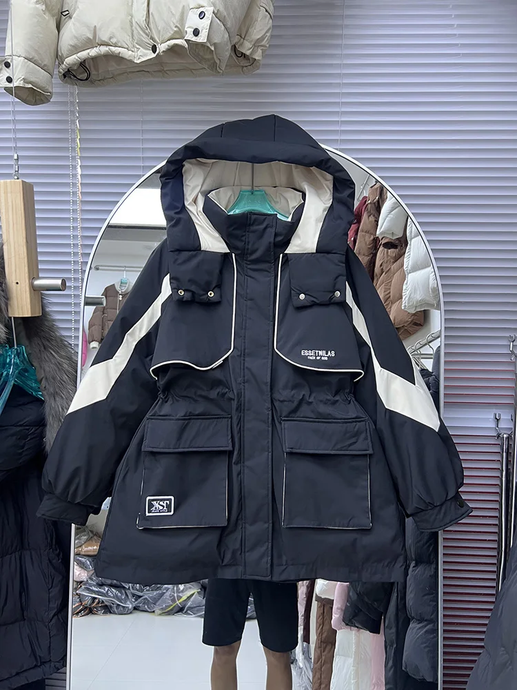 Women Middle Long Workwear Parkas Overcoat Fashion Hoodie Waist Cincined Slimming Color Blocked White Duck Down Coat