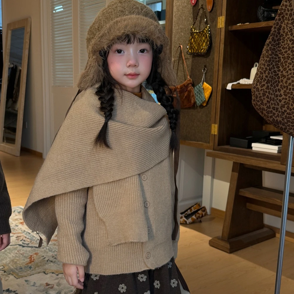 Girls Sweater 2026 Spring and Autumn New Children's Clothing Korean Style Girl Baby Thickened Design Shawl Sweater