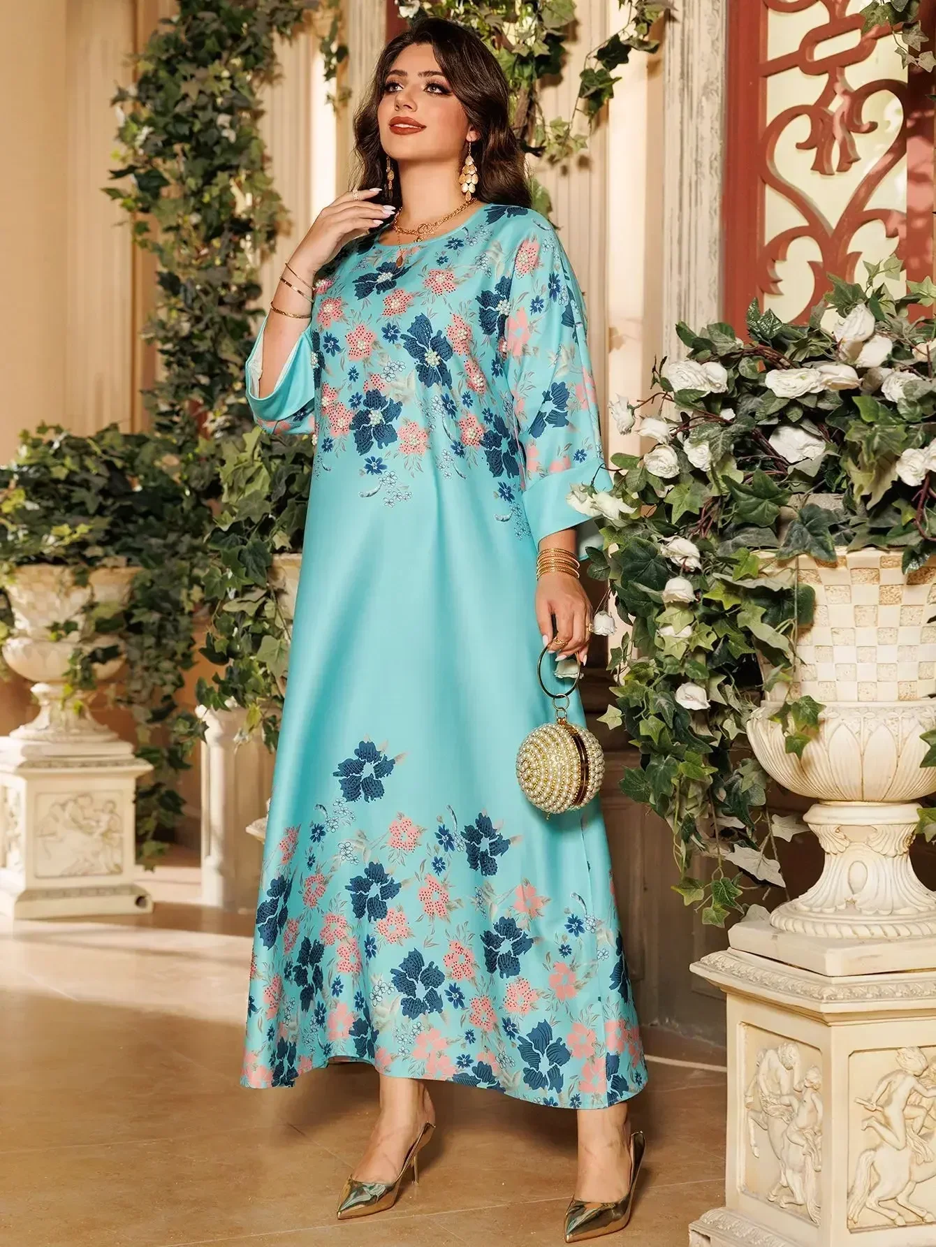 Muslim Abaya Colorful Two-colors Flower Printing Dress Diamonds Pearls Robe Women Loose Jalabiya Round Neck Long Gown Dubai Eid