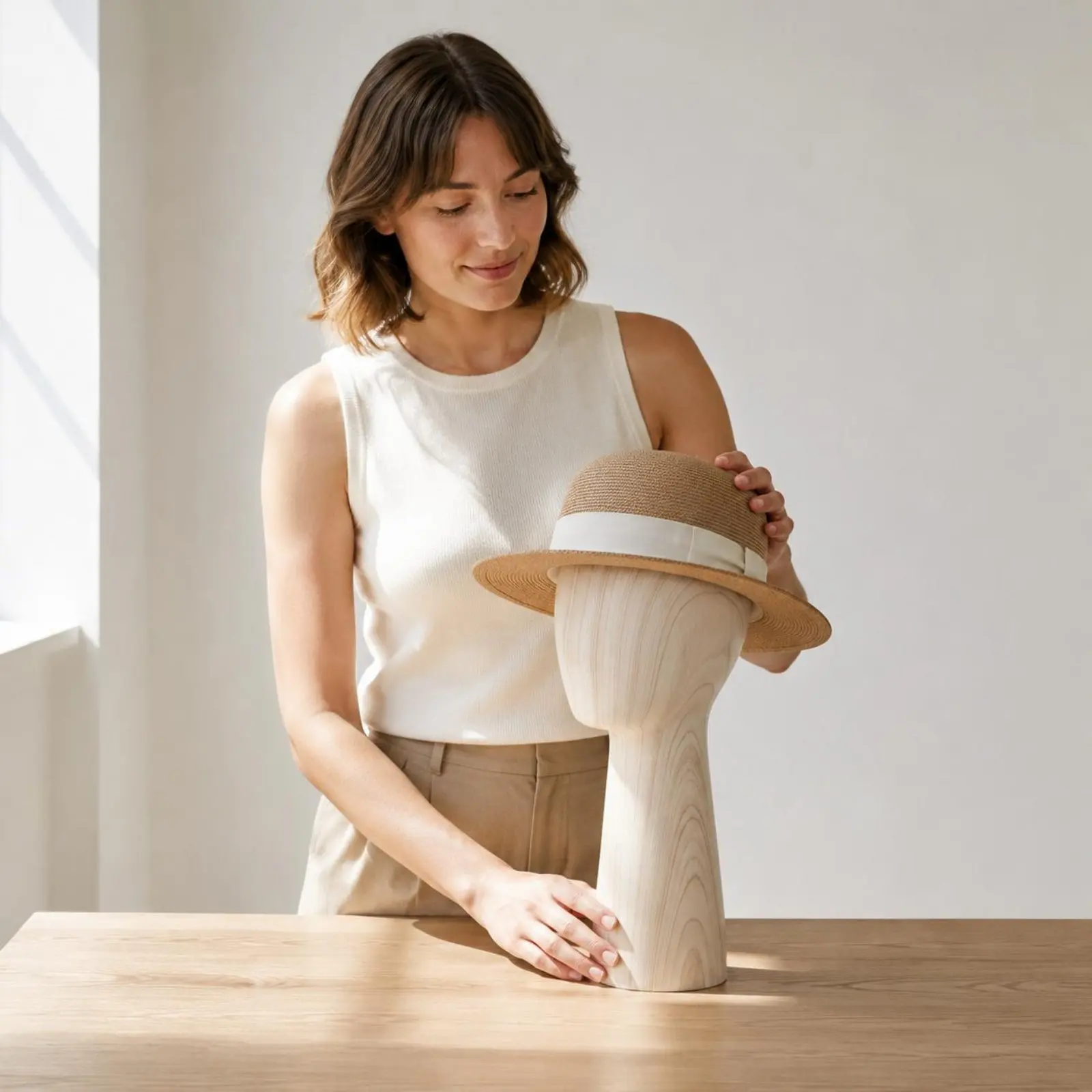 

Wood Grain Mannequin Head Professional Presentation Hat Display Mannequin for Salon Owners