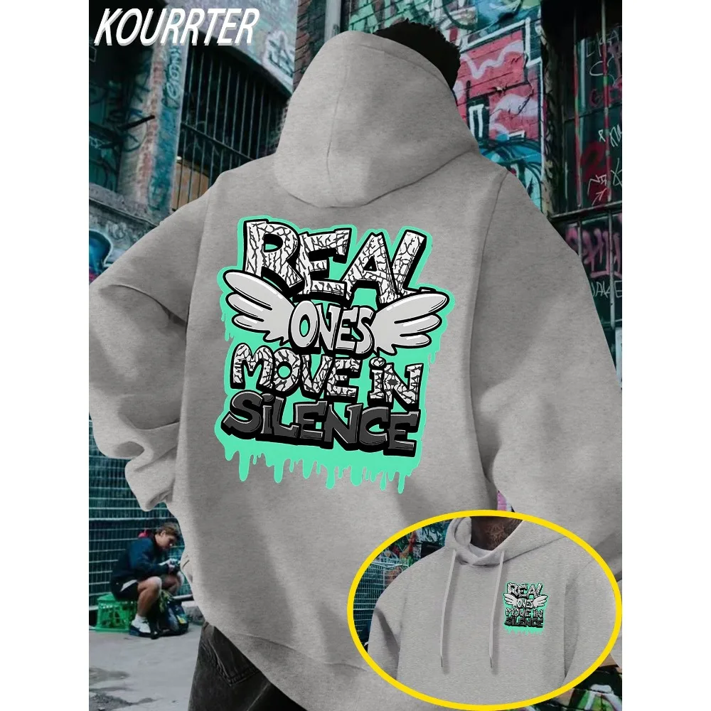 Real Ones Move In Silence Dripping Paint Wings Chest Back Print Hoodie Hip Hop Street Autumn Winter Sweatshirt Male Oversized