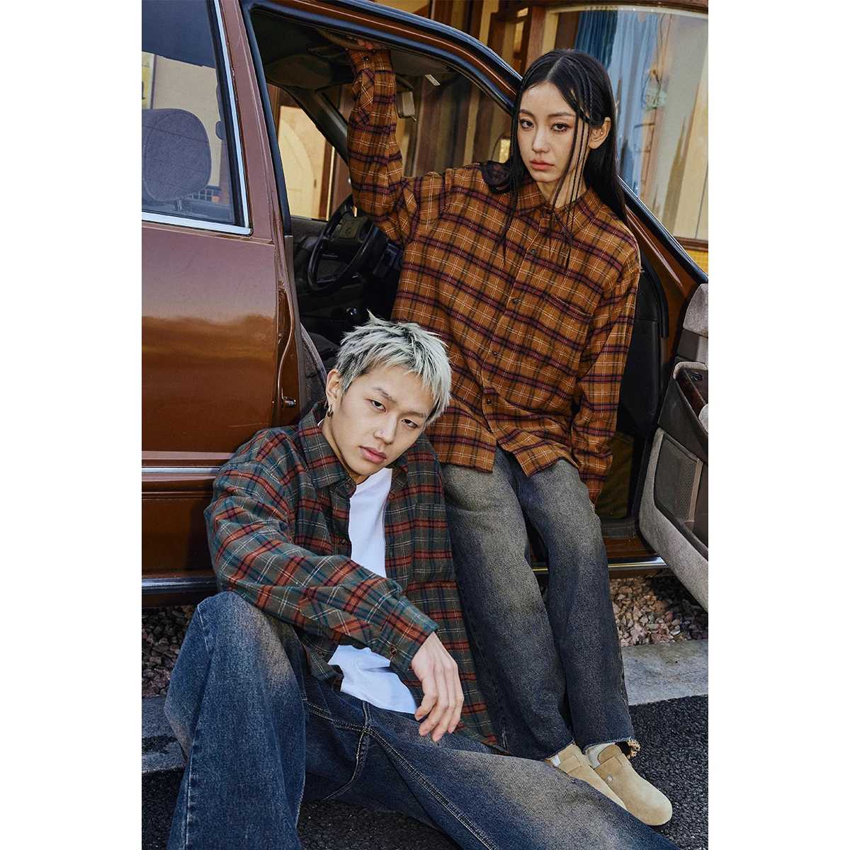 

Spring and autumn vintage plaid shirt for men and women tooling long sleeve fashion brand loose red check shirt casual couple co