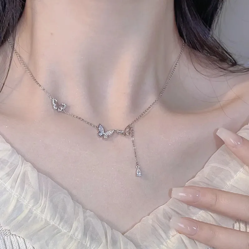 Silver Tassel Butterfly Necklace Women's Light Luxury Temperament High-end Fashion Versatile Exquisite Ins Clavicle Chain