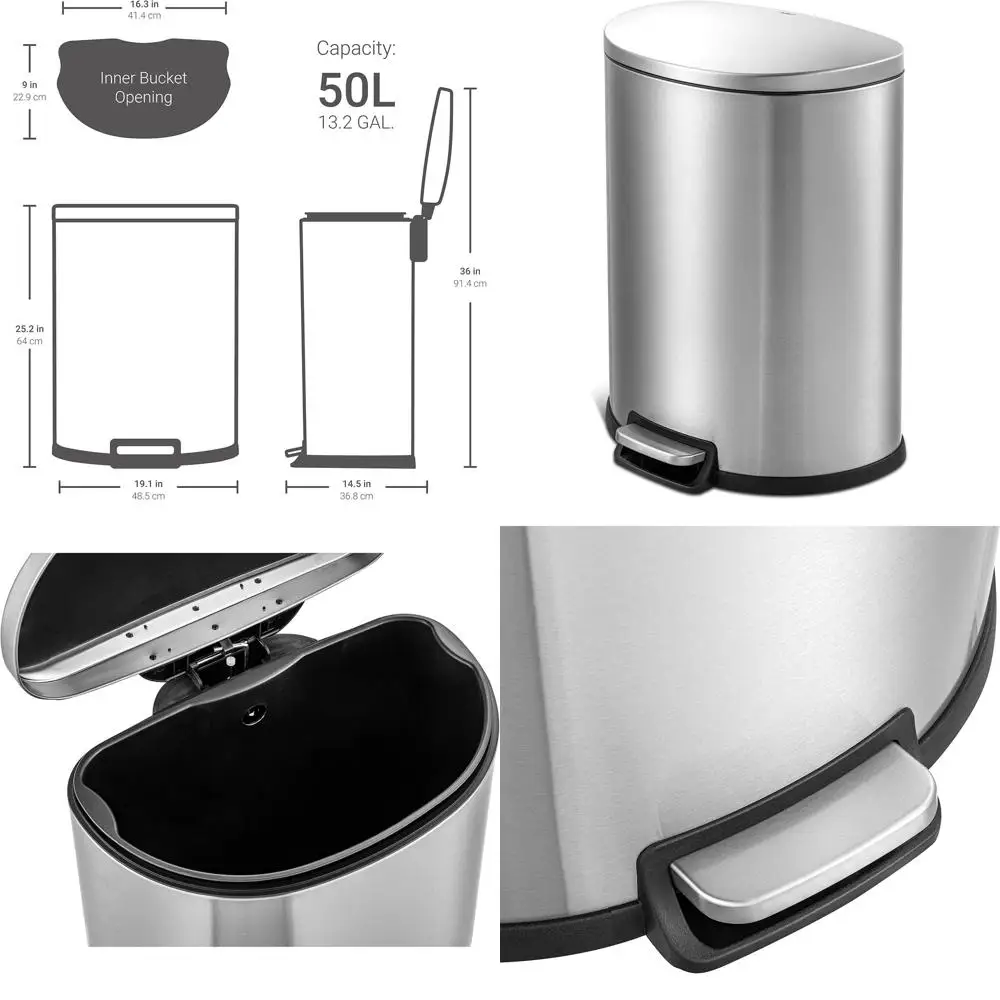 

13 Gallon Heavy-Duty Stainless Steel Step-on Trash Can with Fingerprint-Resistant, Slow-Close Lid