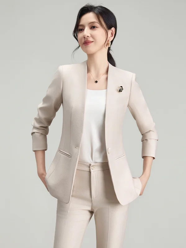 Autumn Fashion High-Definition Long-Sleeve No-Collar Women's Suiting Outerwear Flared Pants Host On-Air Formal Wear