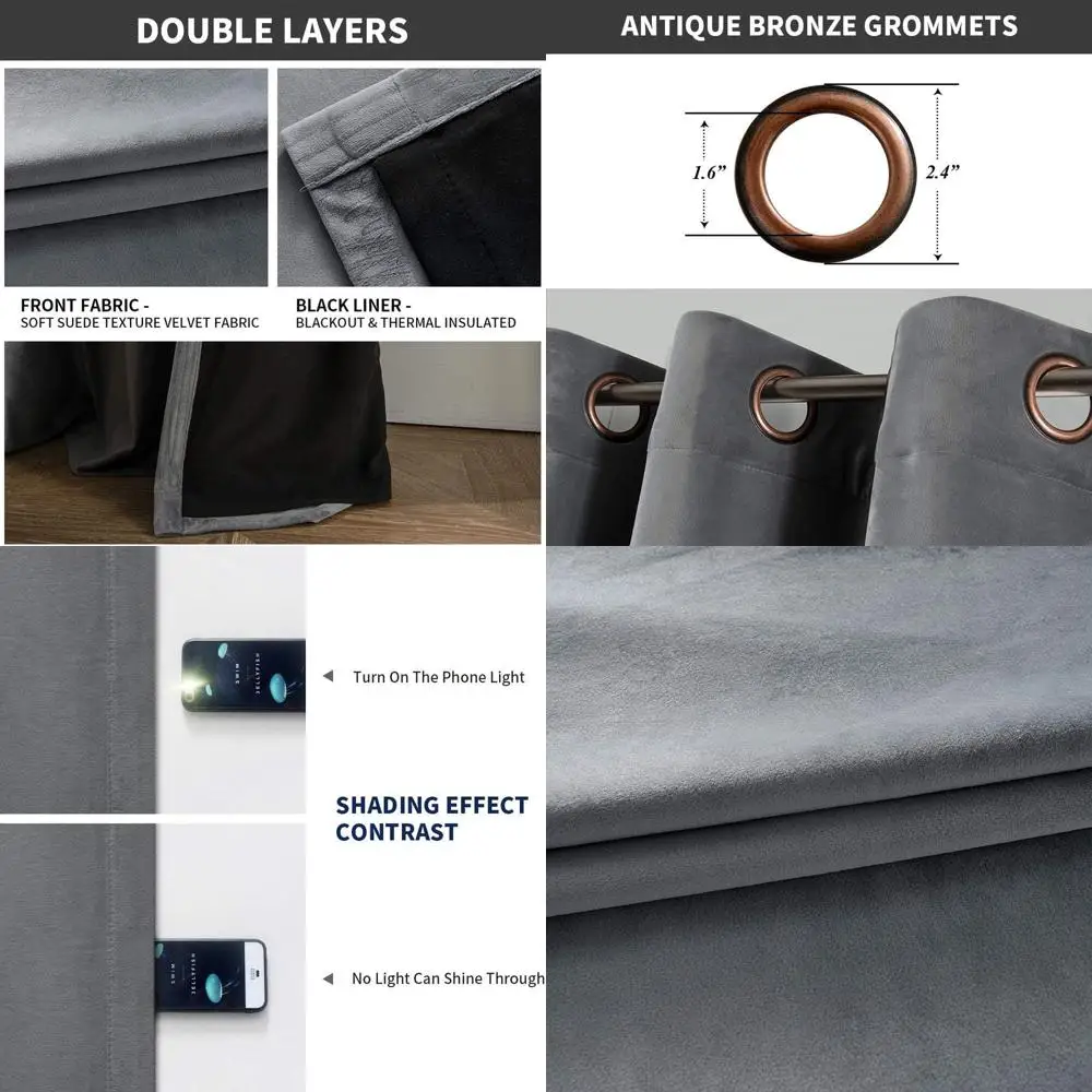 

Термоизолированные серые бархатные шторы, 52x96, мягкие, затемняющие, 2 панели для спальни и гостиной