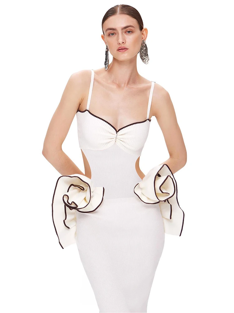 Feminino sexy 3d stero flores cortar branco maxi vestido longo alças sem mangas bodyconcocktail vestido de festa à noite