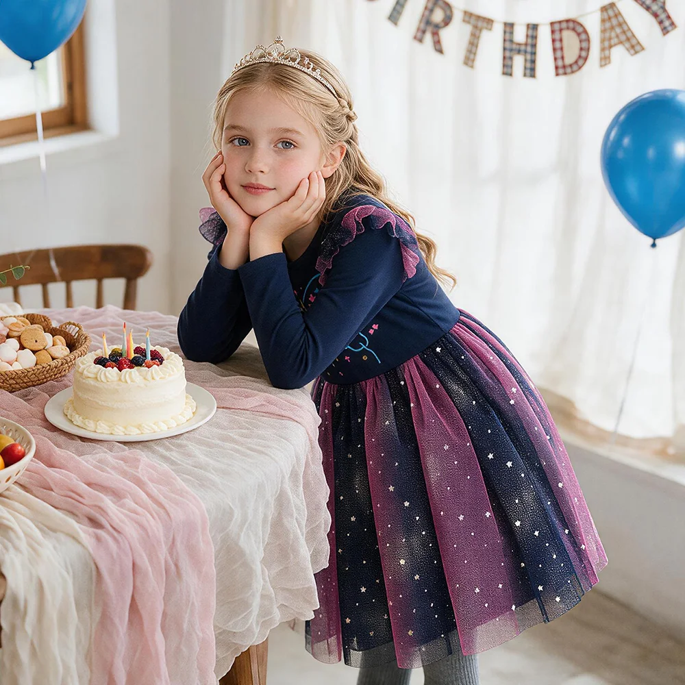 Mädchen Galaxy Stern Schmetterling Druck Langarm Tüll Prinzessinnen-Partykleid Kleinkinder Herbst Frühling Farbverlauf Ombre Marineblau Outfits – Detail 7