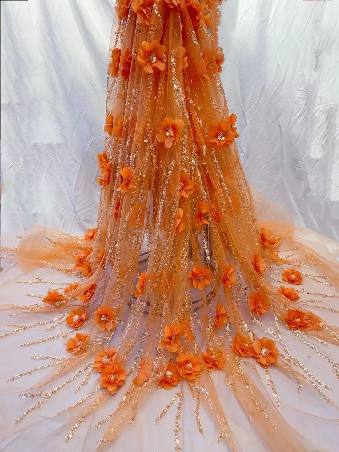 

Luxury L-1308606 High Quality African beads Lace Fabric French 3D FLOWERS Sequin Fabric Nigerian Sewing Embroidery Tulle