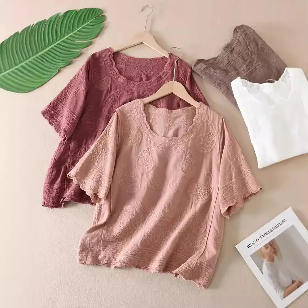 

Женская футболка SoftCaew Flower Thorn ort Sve, хлопковый вязаный топ, милый летний ультратонкий дизайн с вышивкой