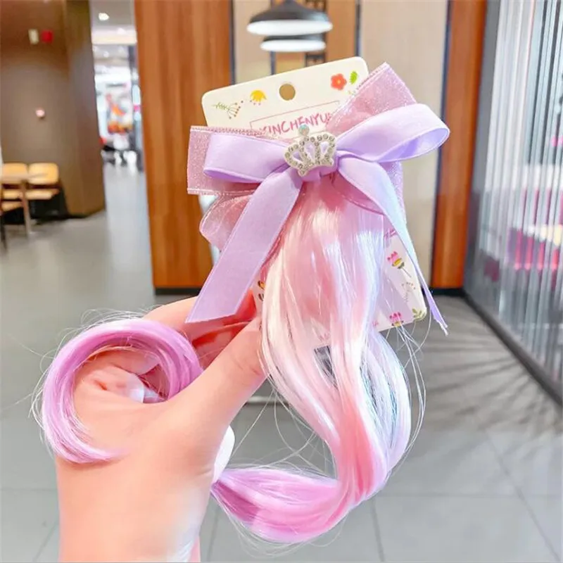 Glitter Candy Color Wig Ponytail for Girl Sweet Princess Shiny Bow Wig Braided Hairpin Cute Kids Hair Styling Headwear