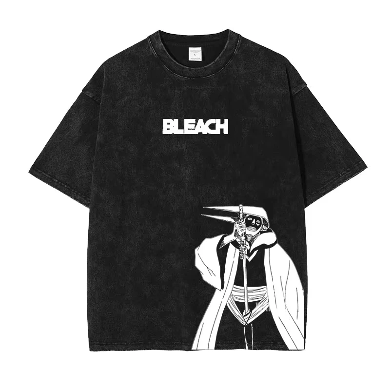 Anime B-Bleach T Shirts Vintage Washed Kurosaki Ichigo T-shirt Streetwear Manga Renji Zaraki Kenpachi Tops 100% cotton Tees Man