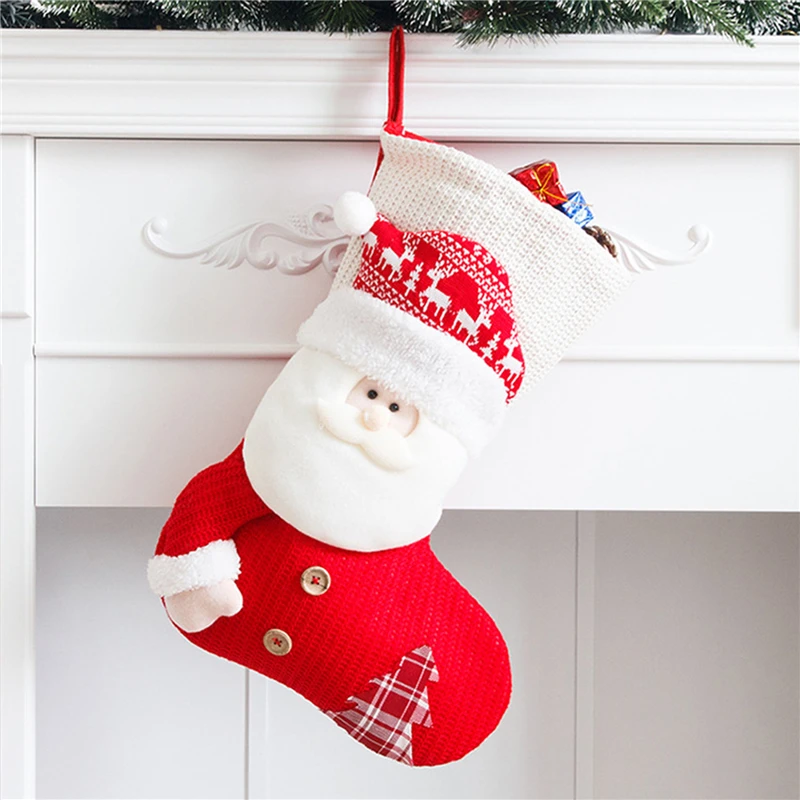 1 buah stoking Natal rajutan merah putih kaus kaki dekorasi perapian manusia salju Santa Claus tas hadiah Natal dekorasi pesta rumah permen