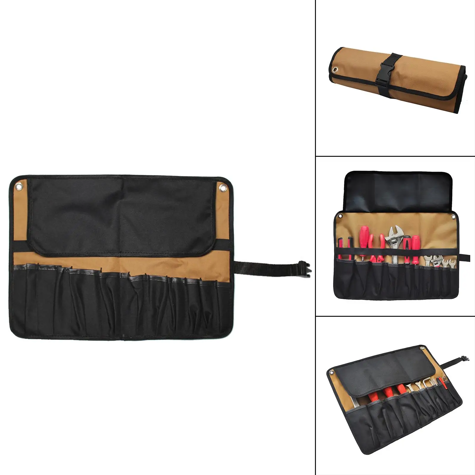 10 Pockets Roll Up Tool Kit Pouch Oxford Parts for Motorcycle Black 1pc