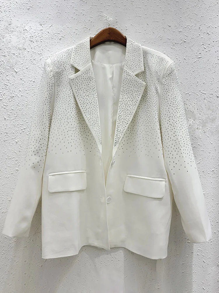 DEAT Women's Blazer Notched Collar Long Sleeves Full Diamonds Rhinestone Elegant Suit Jackets 2025 Spring New Fashion 29L7698