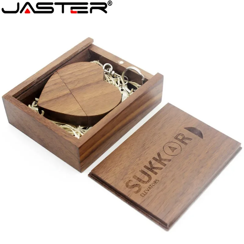 JASTER (over 10 PCS free LOGO) walnut wooden heart+gift box USB flash drive creative pendrive 8GB 16GB 32GB 64GB memory stick