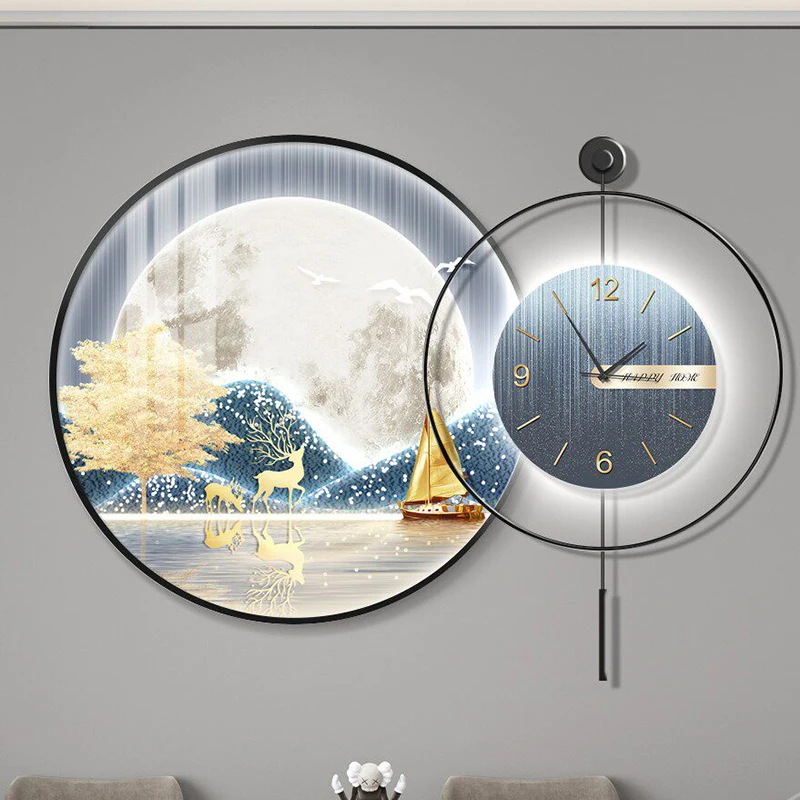 Silent Luxury Wall Watch Chinese Style Vintage Interior Led Art Mural Clock Wall Creative Round Reloj Pared Room Decorations