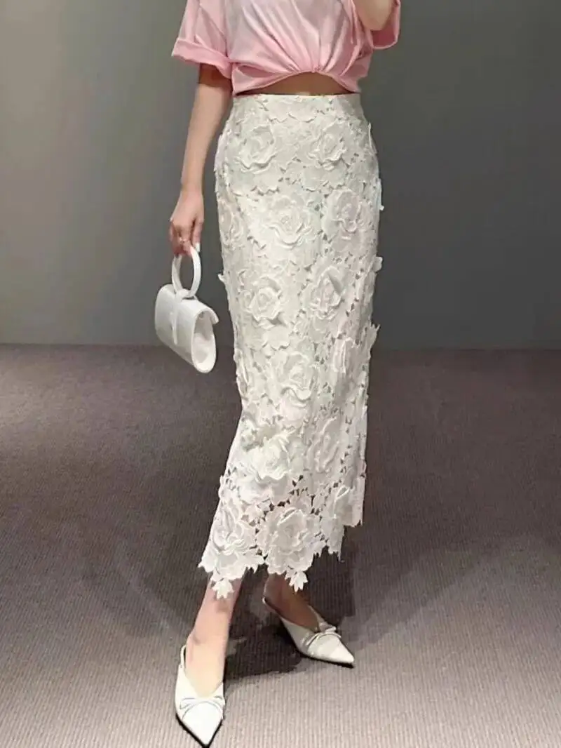 Elegant Lace Asymmetrical Skirt Women Vintage Y2K Boho High Waist Hollow Mesh Patchwork Layered Maxi Skirts Lady Holiday 4G3W