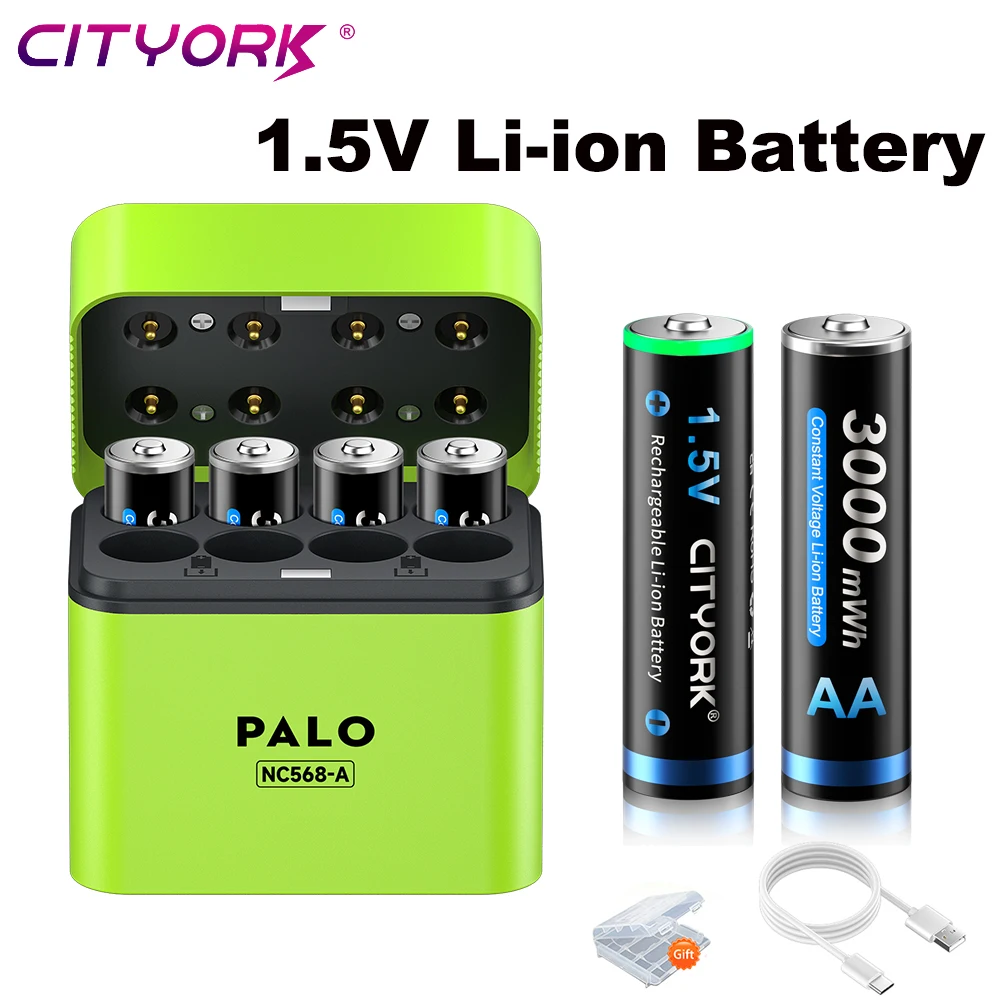 Batterie Ricaricabili al Litio AA CITYORK 1.5V 3000mWh 2A con Caricatore LED a 8 Slot + Cavo di Ricarica Rapida USB per Fotocamera