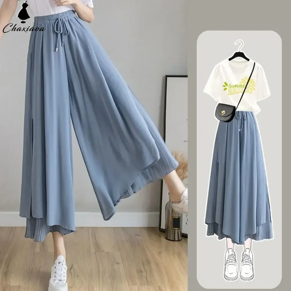 Ankle-length Pants Capris For Women Elastic Wide Leg Irregular Hem Double Layers Trousers Summer Casual Loose Pleated Pants