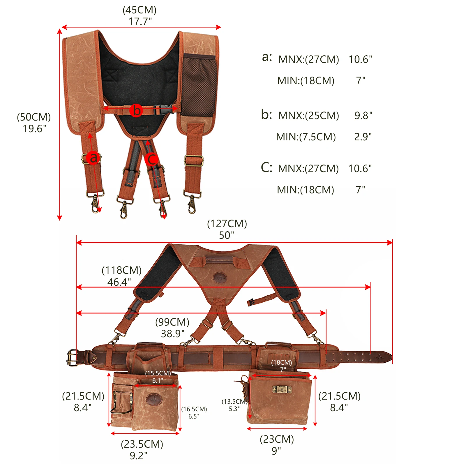 Tourbon Tool Belt  with Adjustable Suspenders Padded Cooling Mesh Detachable Pockets Tape Measure Hammer Holder Framers Rig  Tan