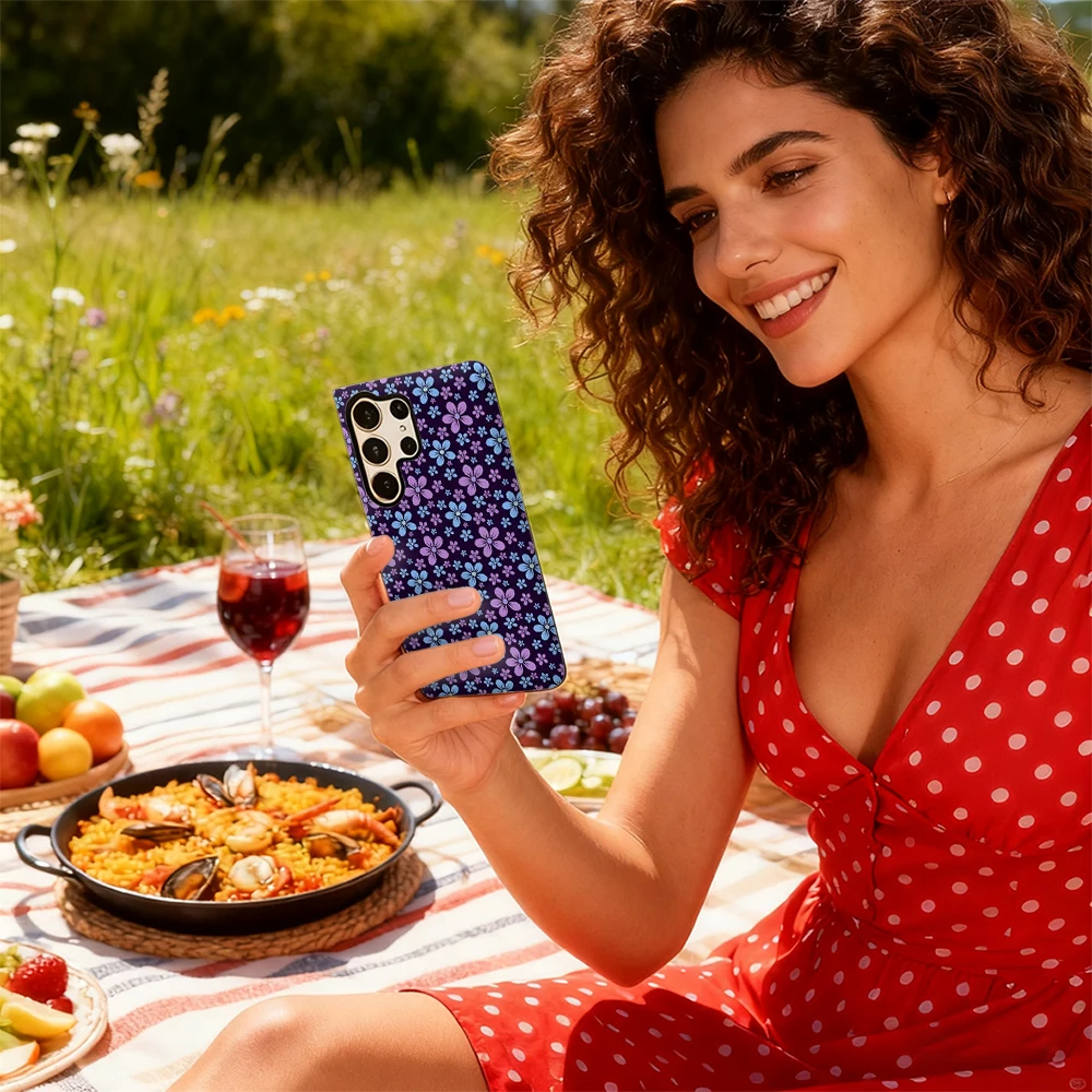 Blauwe en paarse bloemen telefoonhoesje voor Samsung Galaxy S25 Ultra S24 S23 Ultra Plus schokbestendige dubbellaagse achterkant