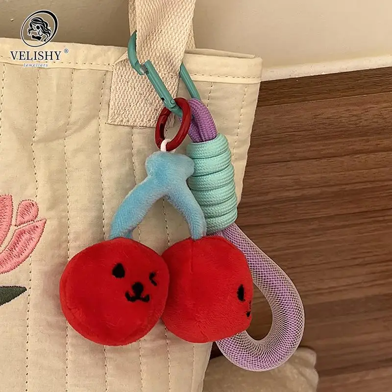 Cute Plush Cherry Keychains Funny Expression Car Keys Keychains Korean Style Fruit Doll Keyring With Lanyard Backpack Pendant