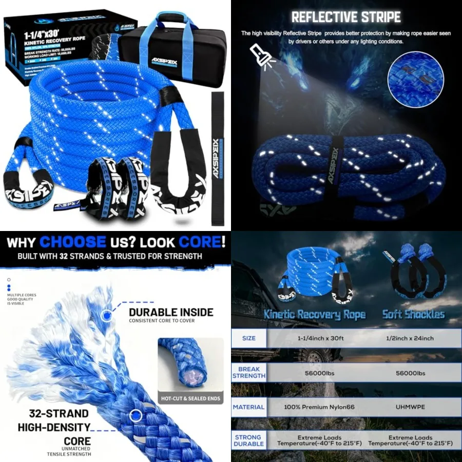 

Kinetic Recovery Rope Kit (Reflective), 1.25in x 30ft 56,000Lbs, 35% High Elasticity, w/ 2 Soft Shackles, 18,666Lbs Work Load Limit for 4x4 Offroad Vehicle