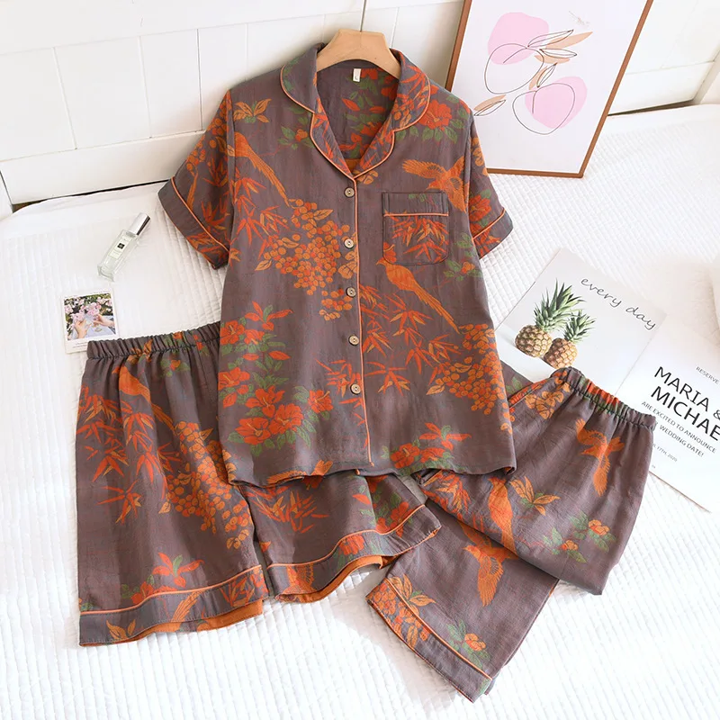 Short Sleeve Sleepwear Women's Pajamas Set Gauze Cotton Pyjamas Summer New 3 Pieces Floral Home Wear Nightwear For Woman - view 4