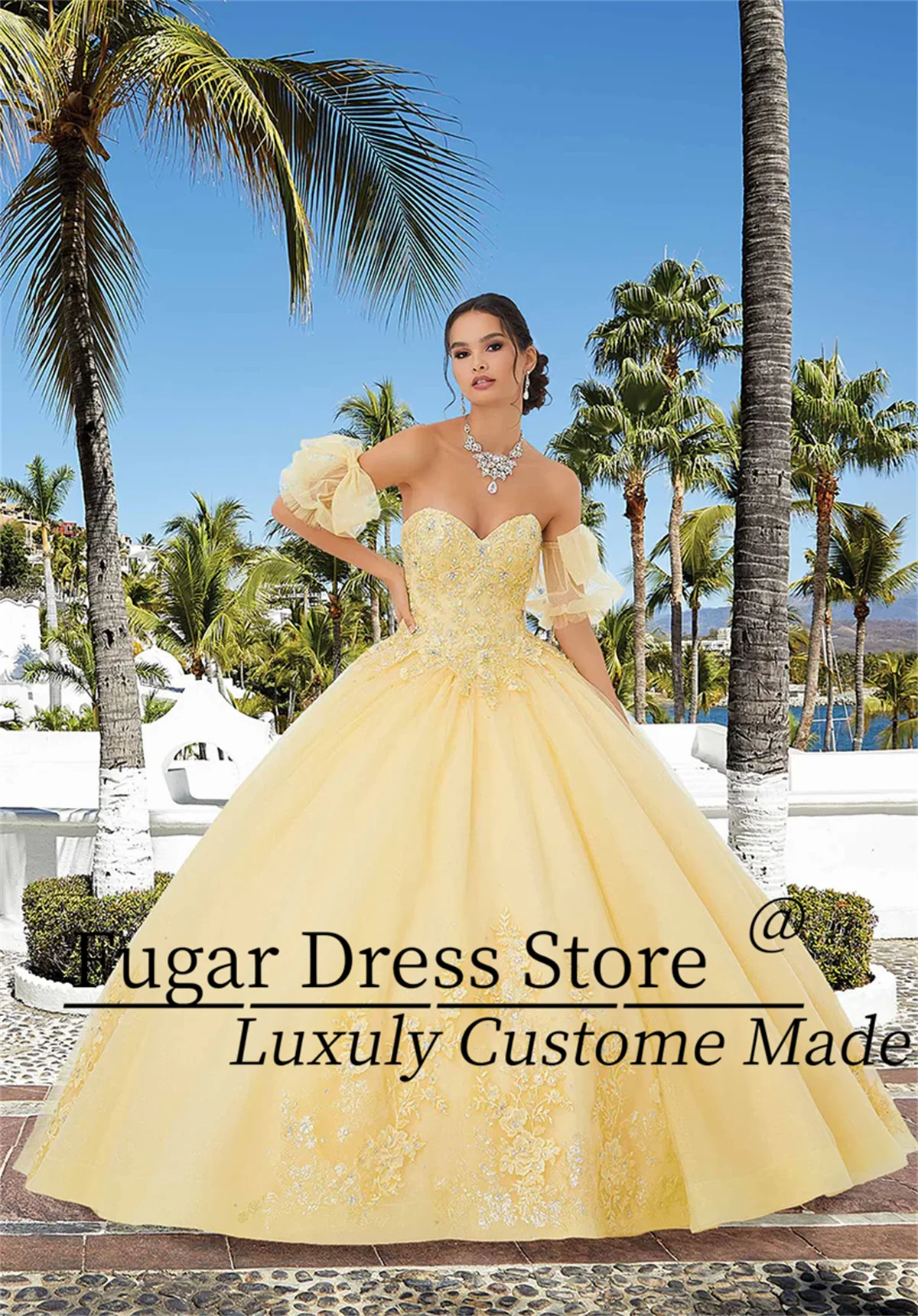 Elegant Quinceanera Dresse Dazzling crystal bead Shining lace decals Detachable tie butterfly sleeves Gown Vestidos De Novias