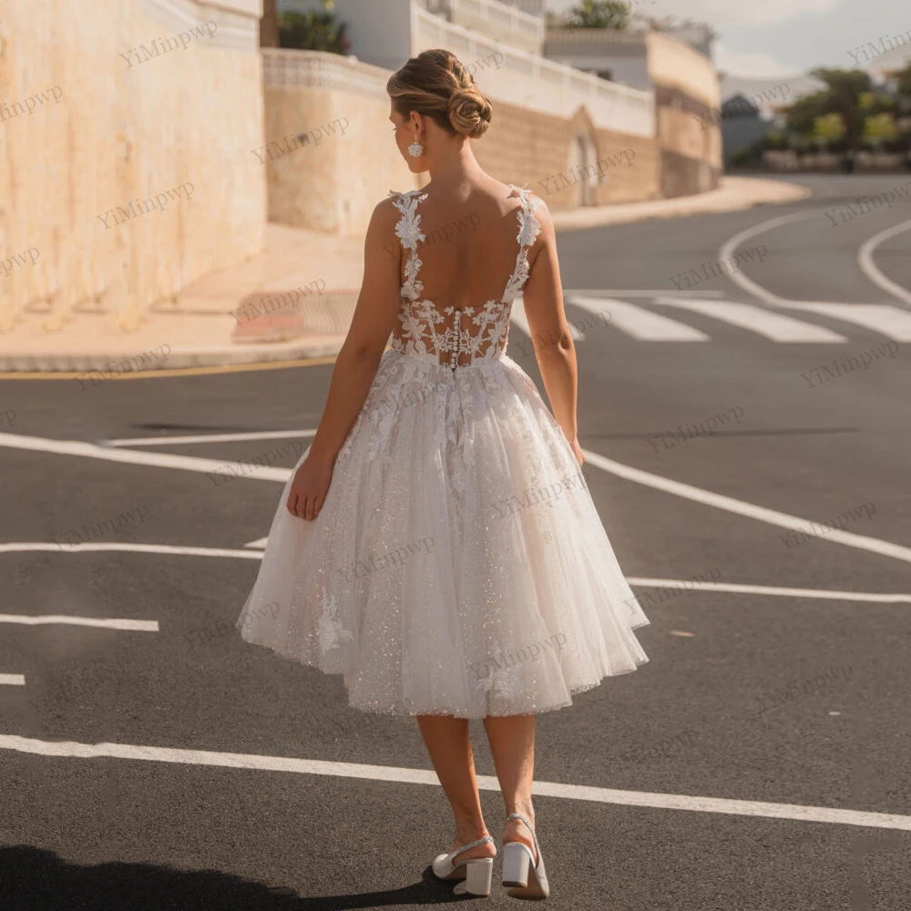 Shiny Lace Wedding Dresses Backless Applique Sweetheart Spaghetti Straps Midi Bride Shower Civil Robe De Mariee Customised