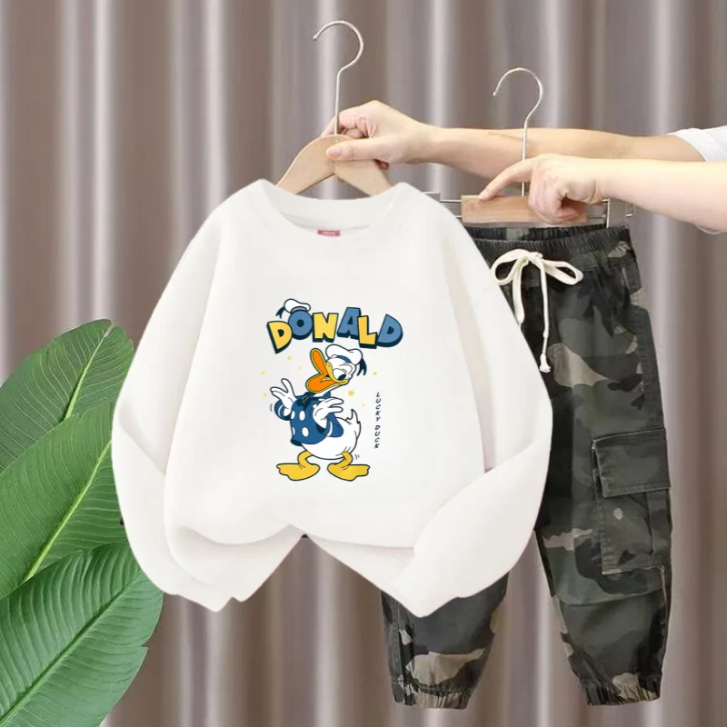Conjunto de ropa de primavera para bebés y niños, sudadera con estampado de Pato Donald, Top y mono, traje inferior de 2 piezas, chándal de algodón