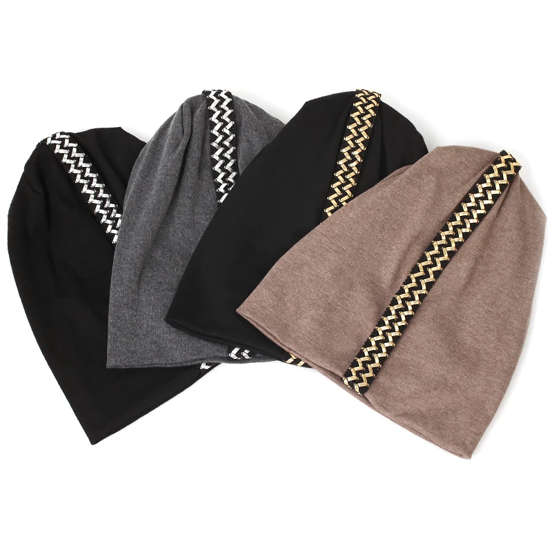 Women Gold Silver Wave Webbing Skullie Beanies Female Bonnets Caps Cotton Stretch Soft Hats Fashion Casual Solid Cap image 2