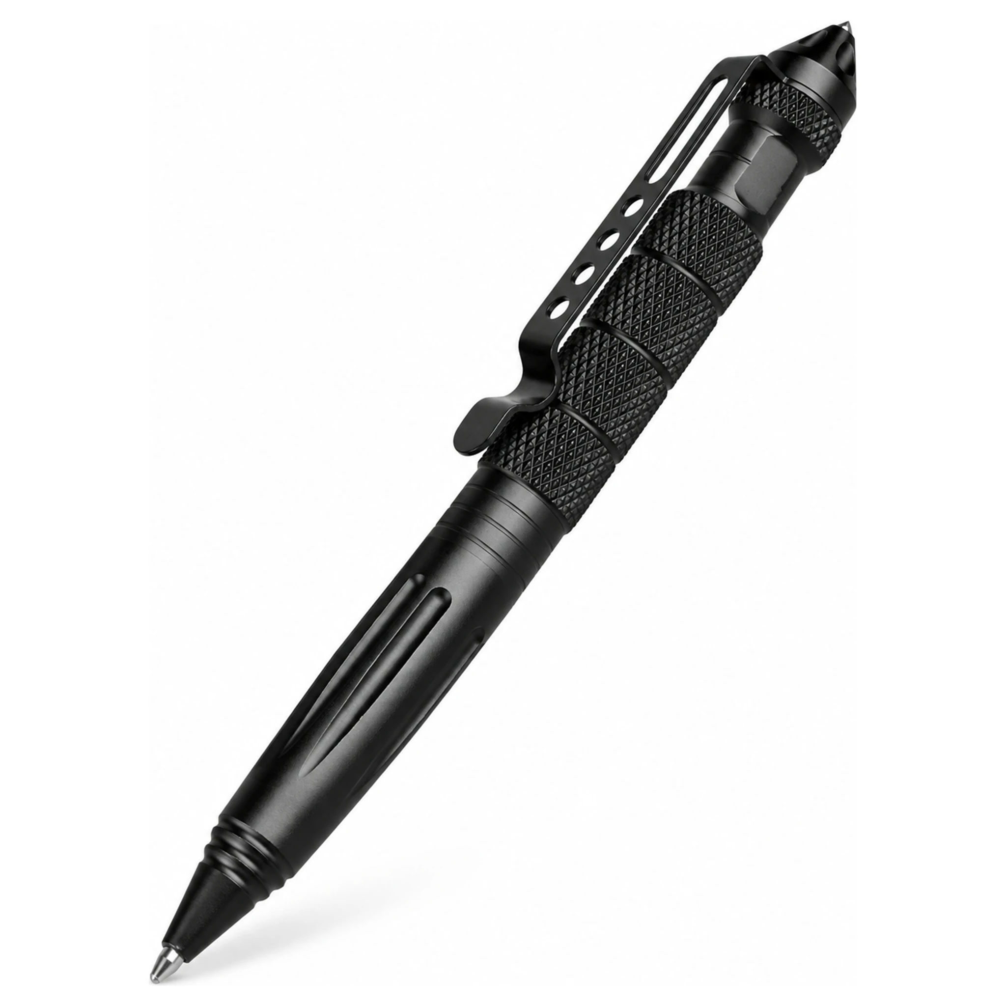 Tactical Pen for Car Emergency Kits and Outdoor Carry, Black Writing Tool with Pocket Clip, Knurled Grip and Glass Breaking End