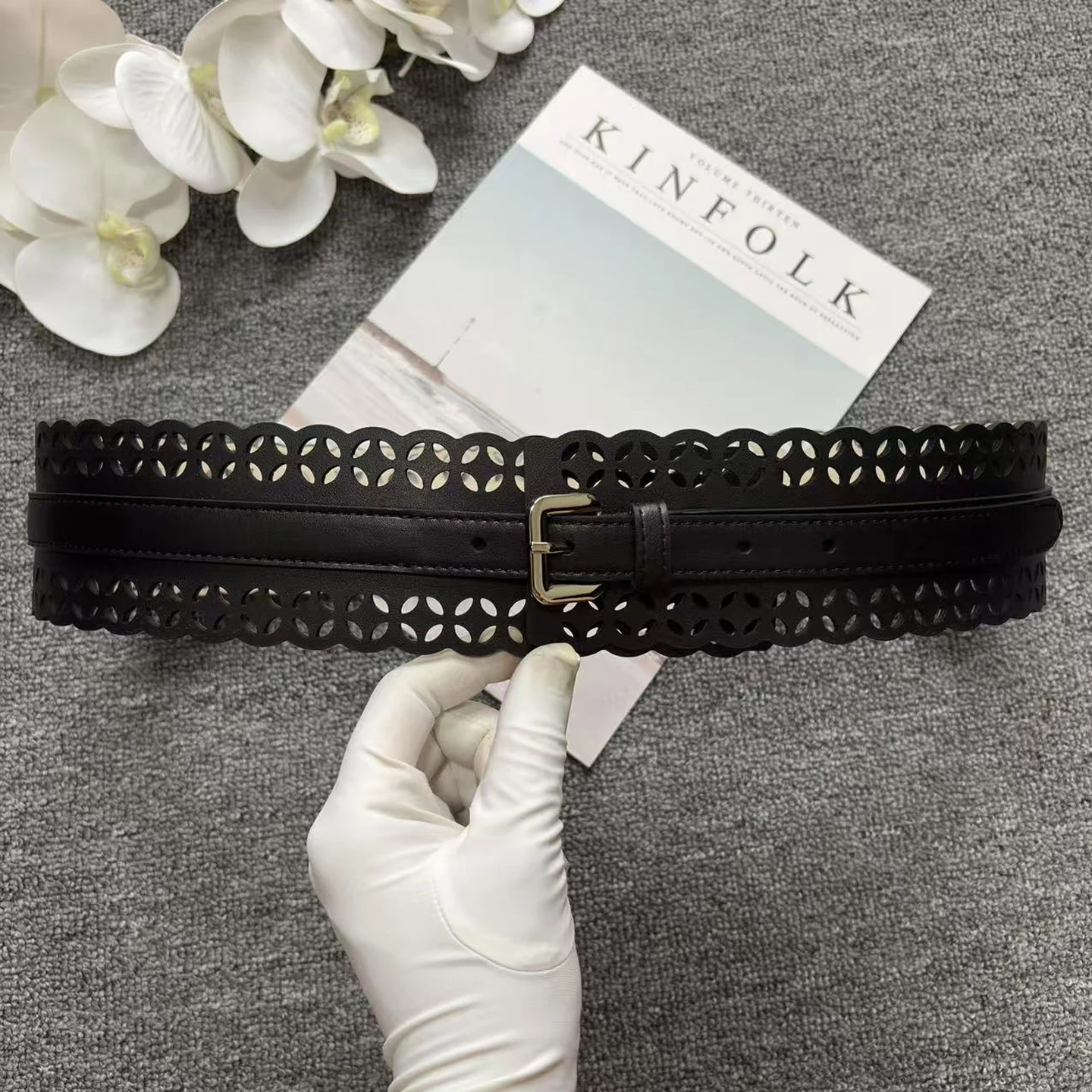 Bohemian style openwork waist seal ethnic style genuine leather wide silver buckle belt women\'s laser cut pattern