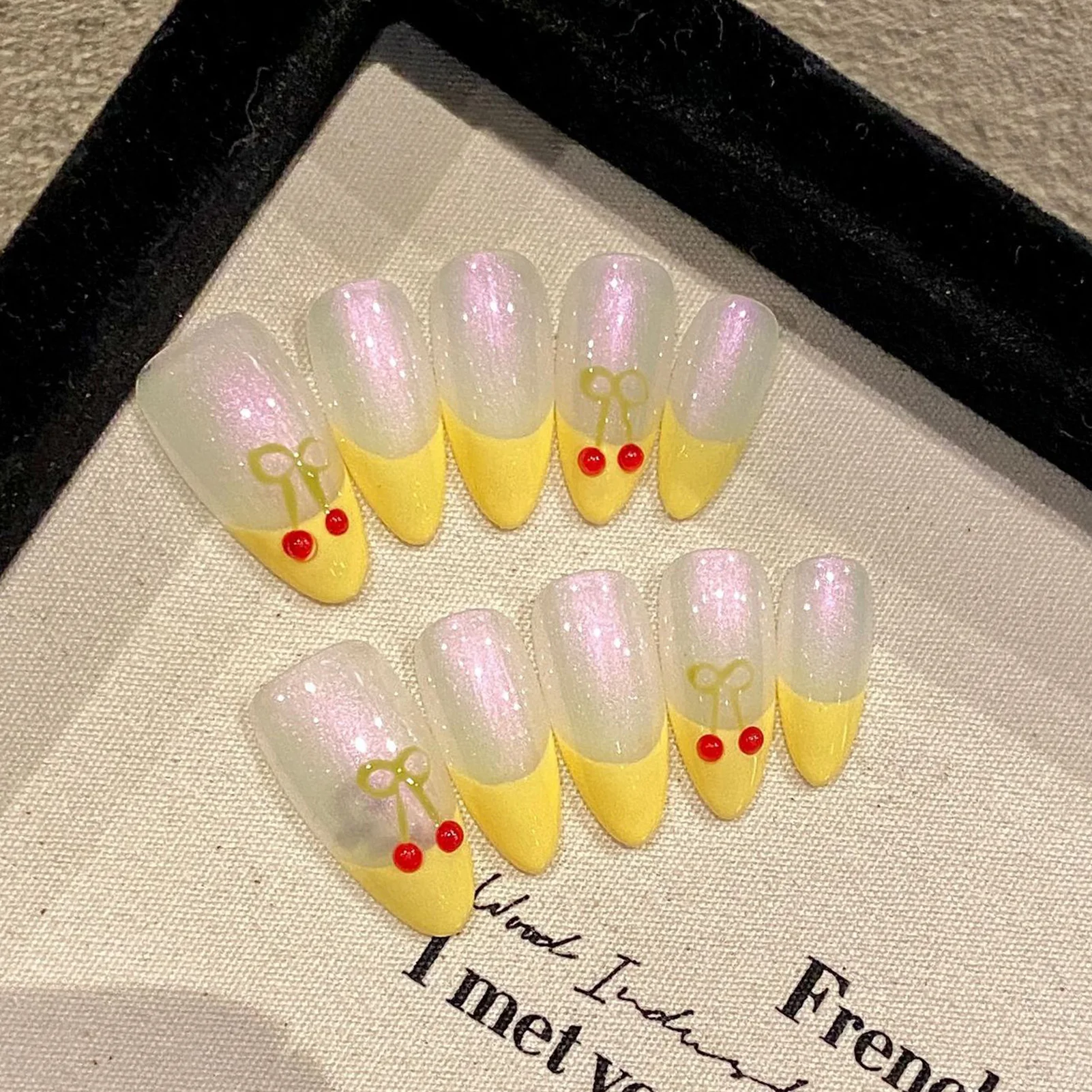 Yellow French Press On Nails Moonshine Pink Handmade False Nails With Hand Painted Cherry Designs Detachable Almond Fake Nail