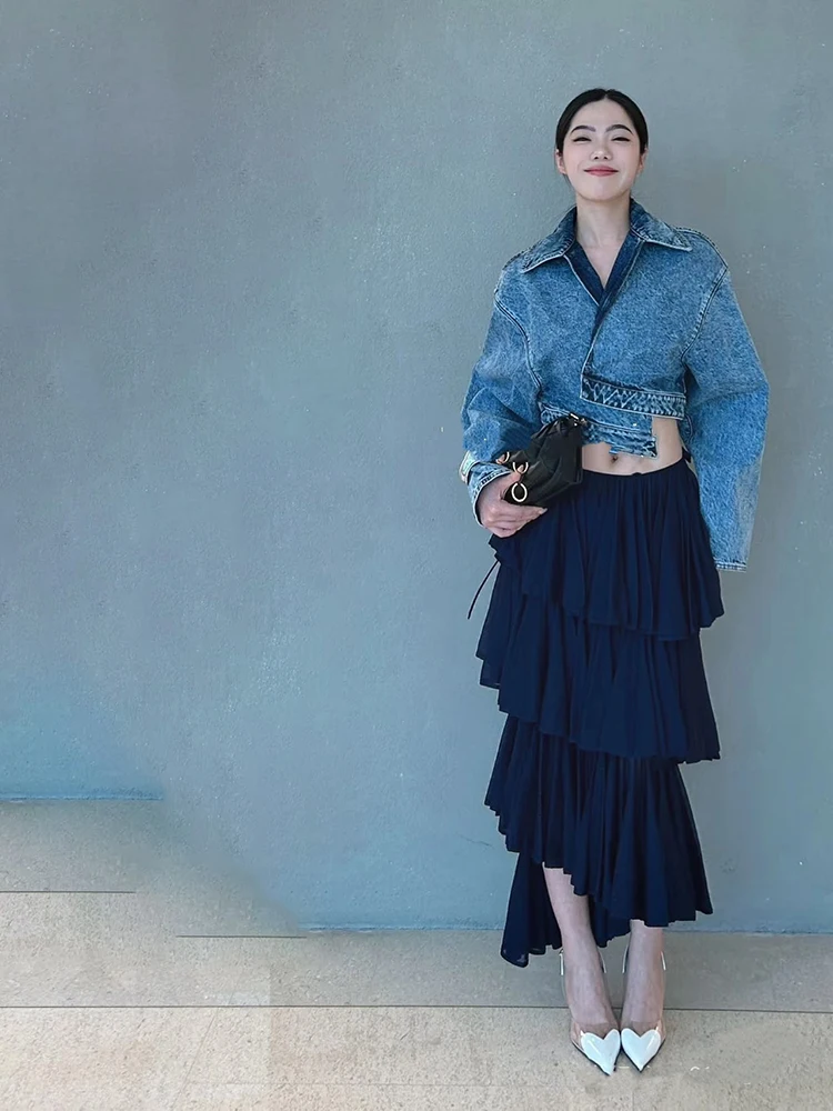 Veste en jean à revers délavé, taille haute, col court, y2k, courte asymétrique, nouvelle collection printemps/été 2025