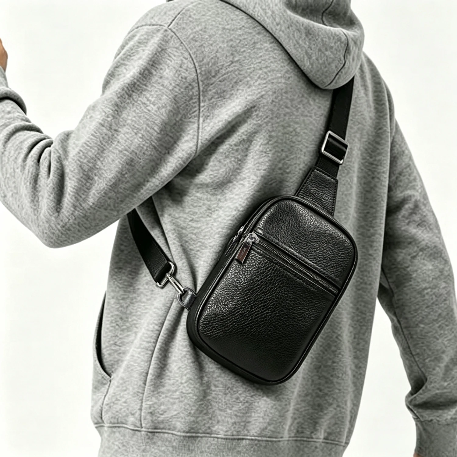 Men Genuine Leather Sling Chest Bag, Small Multi Zipper Pocket Crossbody Shoulder Bag, Lightweight Cell Phone Fanny Pack