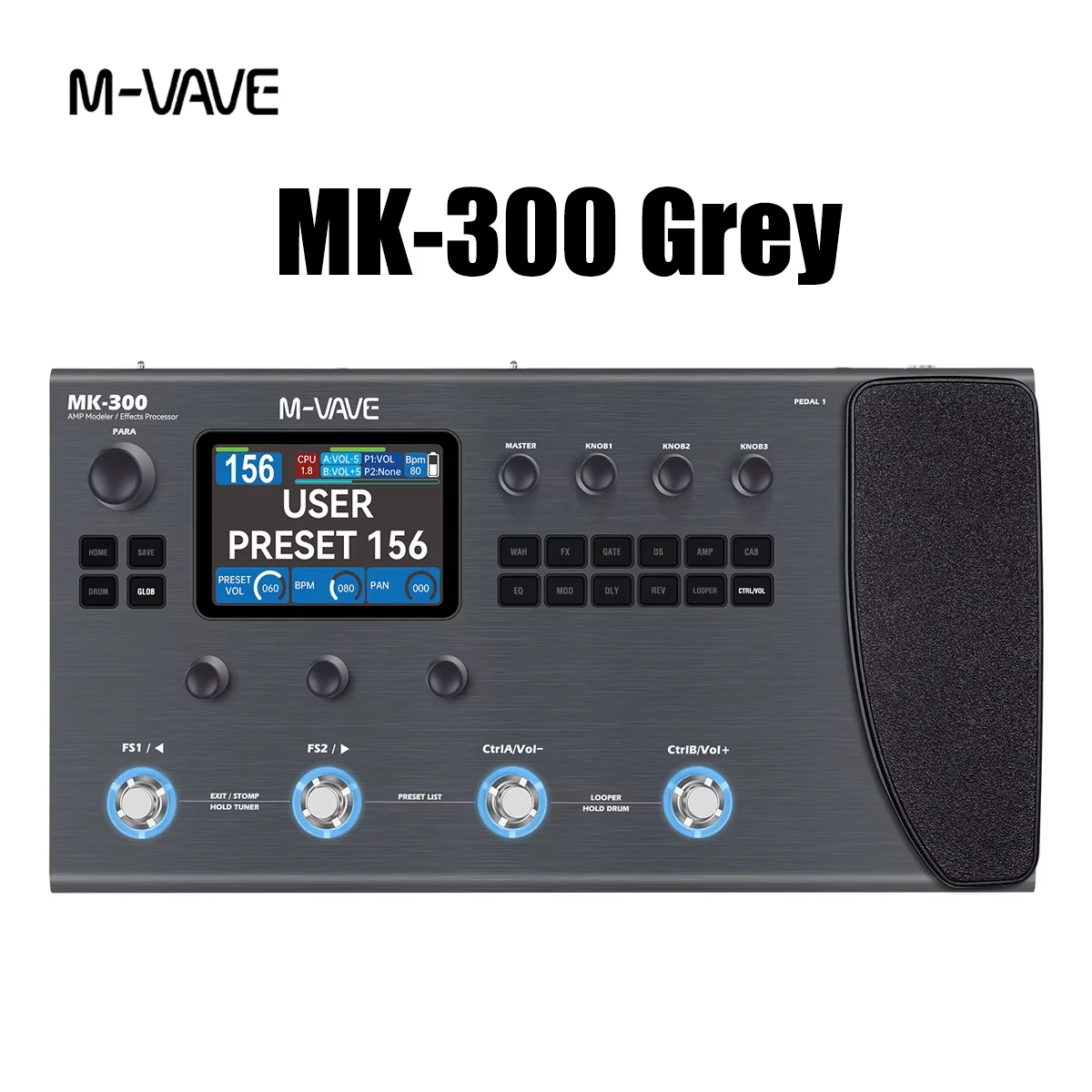 

Мультиэффект-педаль M-VAVE MK-300 серого цвета с 3,5-дюймовым сенсорным ЖК-дисплеем, 120-канальным моделем сценических эффектов для гитары и баса
