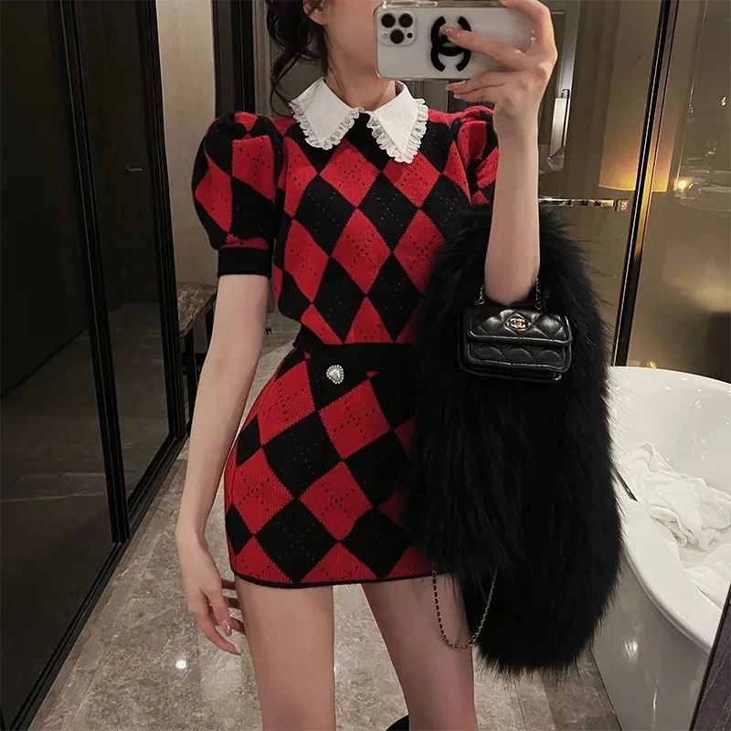 Summer Knitted Plaid Two Piece Sets Women Sexy Elegant Puff Short Sleeve Crop Tops and Mini Slim Skirts Outfits Korean Y2k Suit