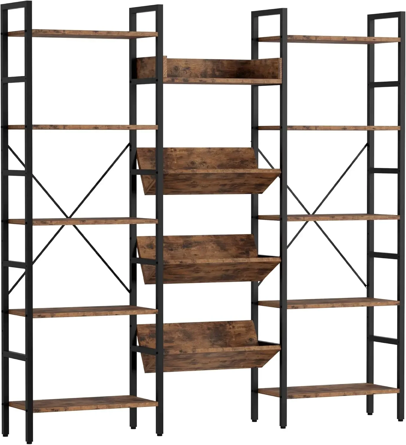 Bookcases and Bookshelves Triple Wide 5 Tiers Industrial Bookshelf, Large Etagere Bookshelf Open Record Player Shelves with Meta