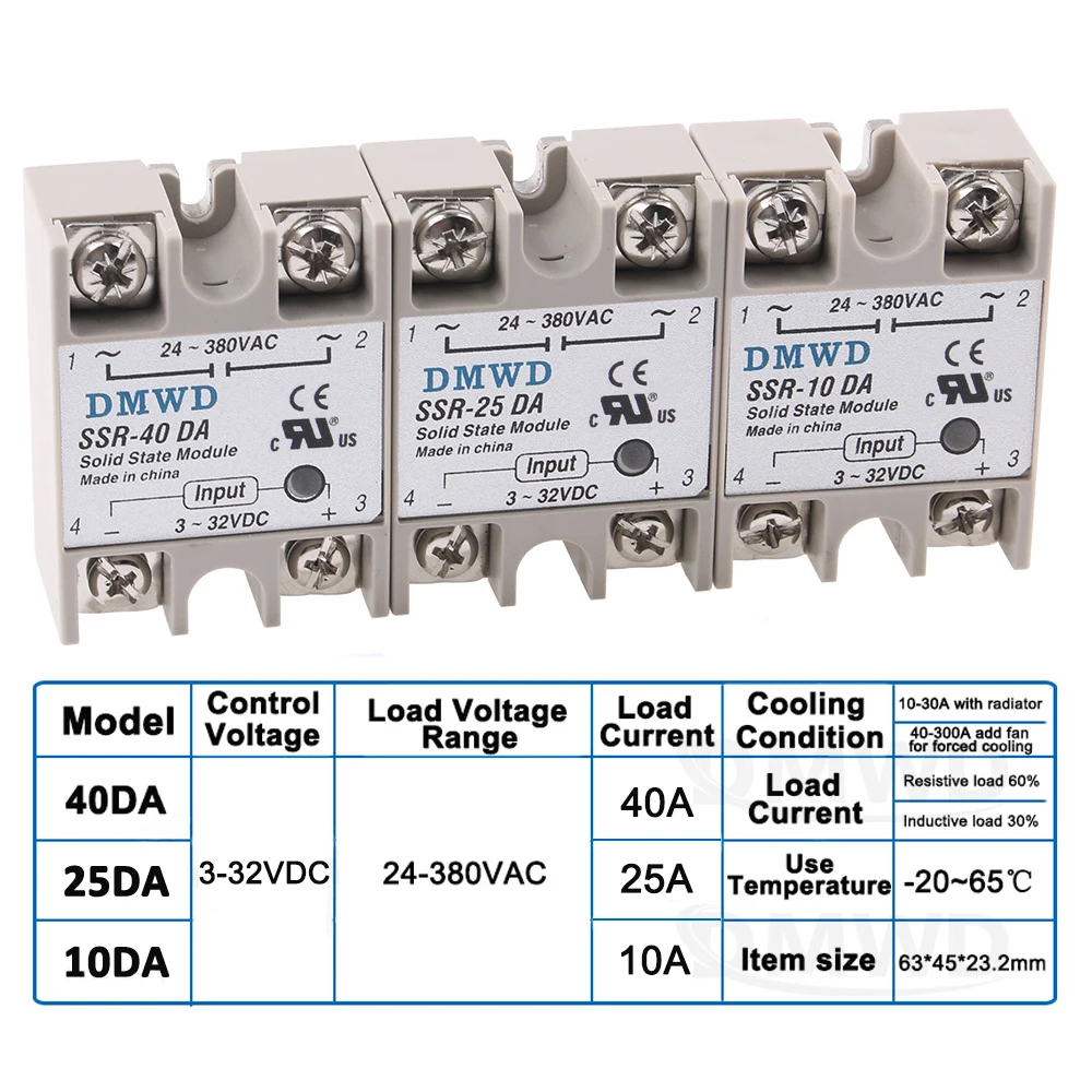 Solid State Relay SSR-10DA SSR-25DA SSR-40DA 10A 25A 40A SSR Actually 3-32V DC TO 24-380V AC SSR 10DA 25DA 40DA DMWD
