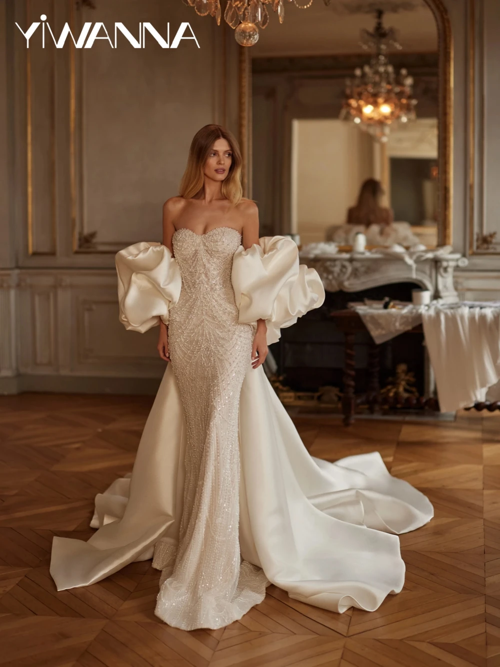 Luxury Pearls Lace Mermaid Long Wedding Dress With Shawl Sweetheart Neck Bridal Gown Customized Elegant Ivory Dresses For Bride