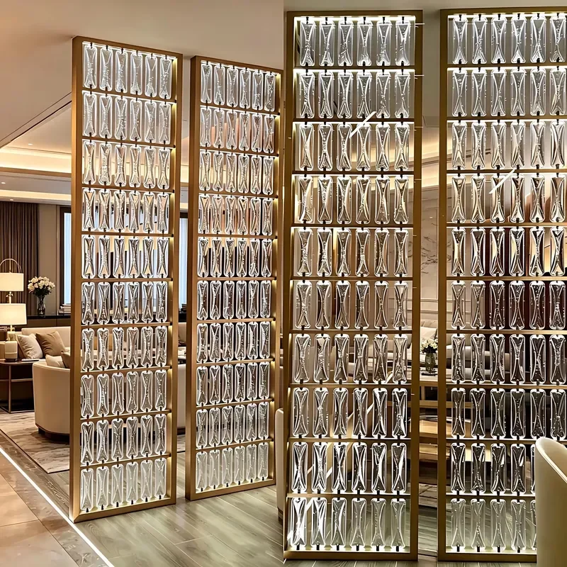 Gold Stainless Steel Glass Room Divider LED Illuminated Decorative Partition Screen for Hotel Lobby Villa Restaurant