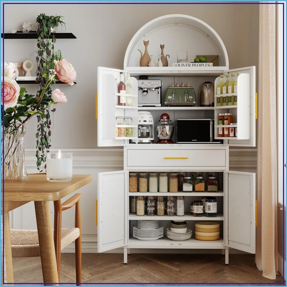 White Metal Arched Pantry Cabinet with Drawer, Tall Storage Cabinet 72.8 Inch