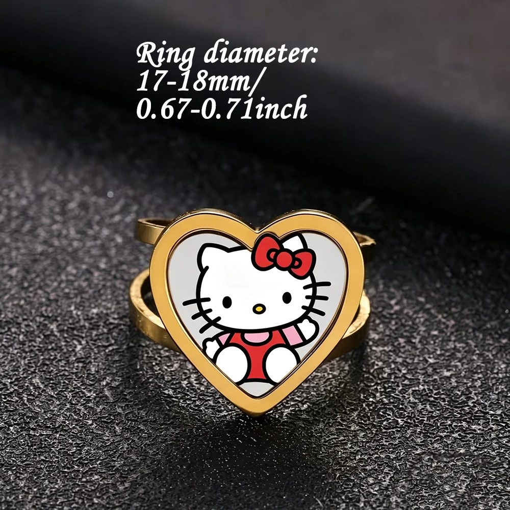 Custom Cute Hello Kitty Cartoon Print Photo Ring Stainless Steel Heart Open Rings For Women Any Sanrio Personalized Jewelry Gift