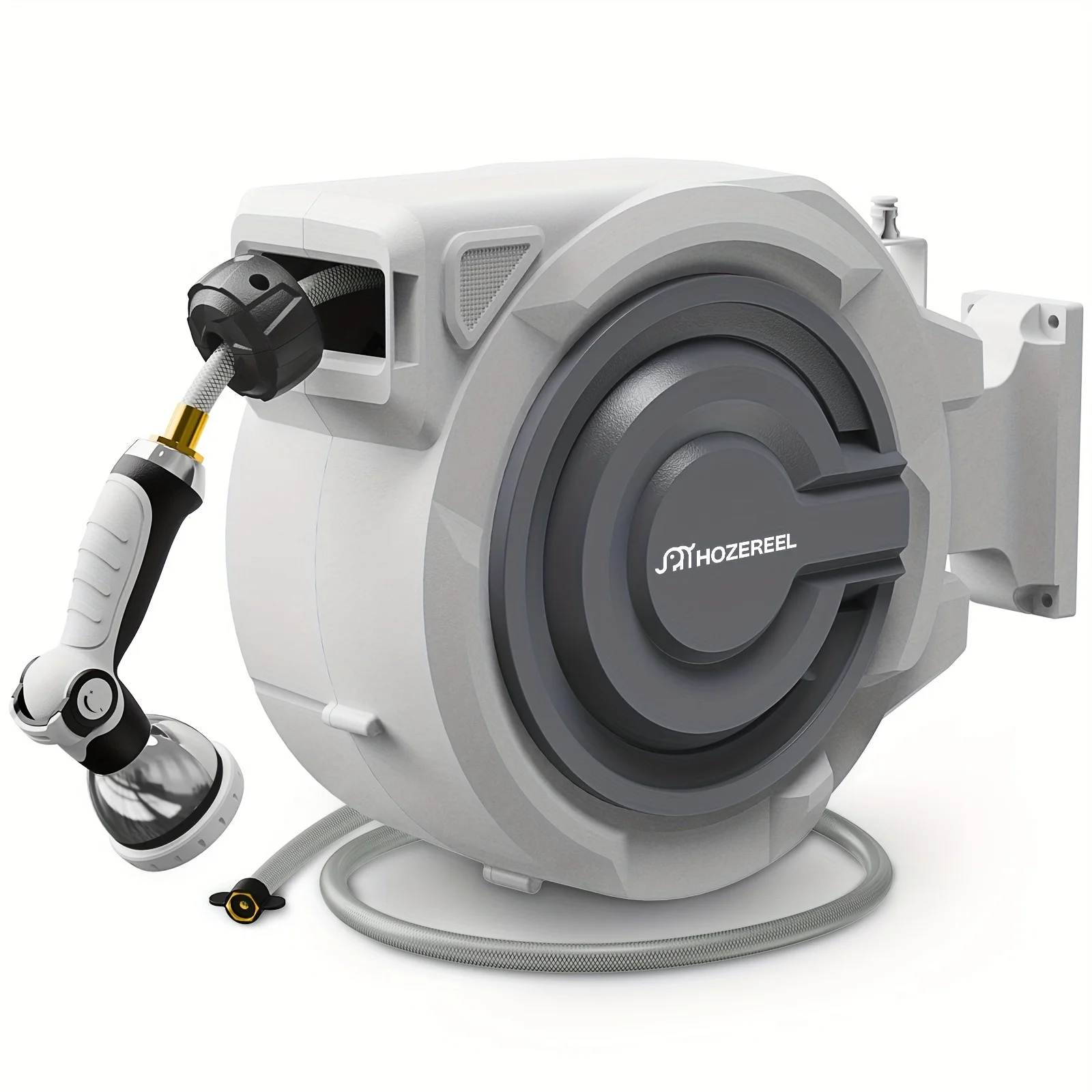 

5/8" X 66ft Retractable Garden Hose Reel By HOZEREEL, Outdoor Garden Hose Reels - Automatic Self Retract Wall Mount Hose Reel Enclosed Storage, Any Length Lock, 10Pattern Nozzle-Grey